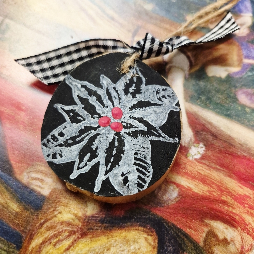 Handcrafted  Wooden Round Christams  Ornament with Black and White Design - Picture 4 of 10
